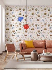 Floral hen wallpaper with garden baskets and small blooming sprigs