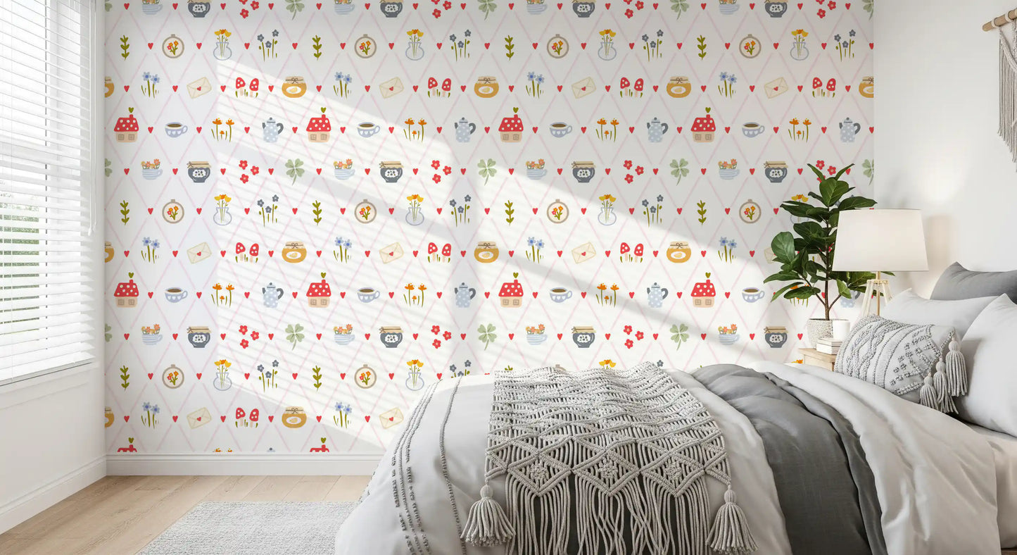 Bedroom wallpaper featuring cottage charm artwork and sweet illustrated details