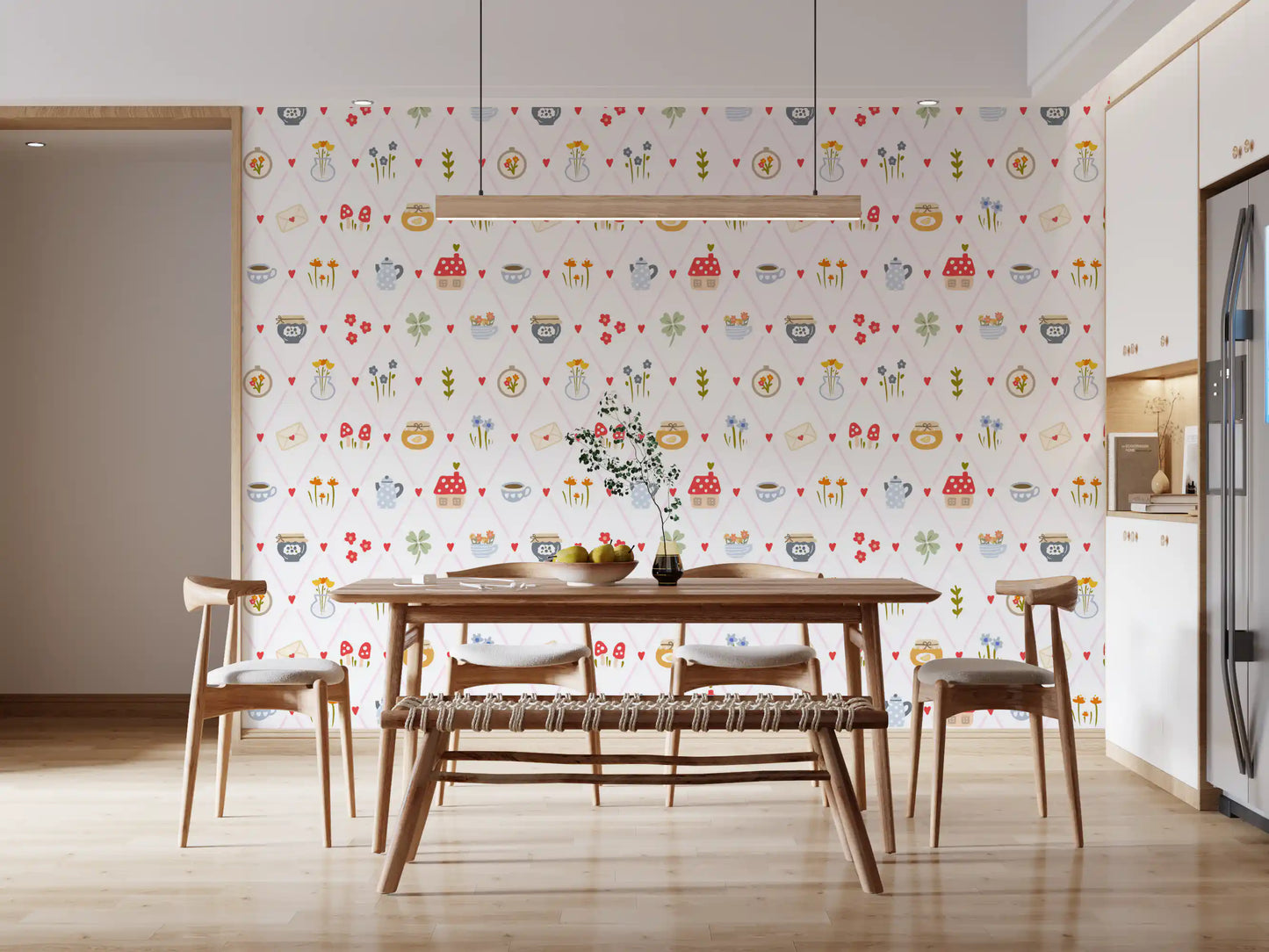 Cute cottage wallpaper with mushrooms, envelopes, flowers, and soft colors