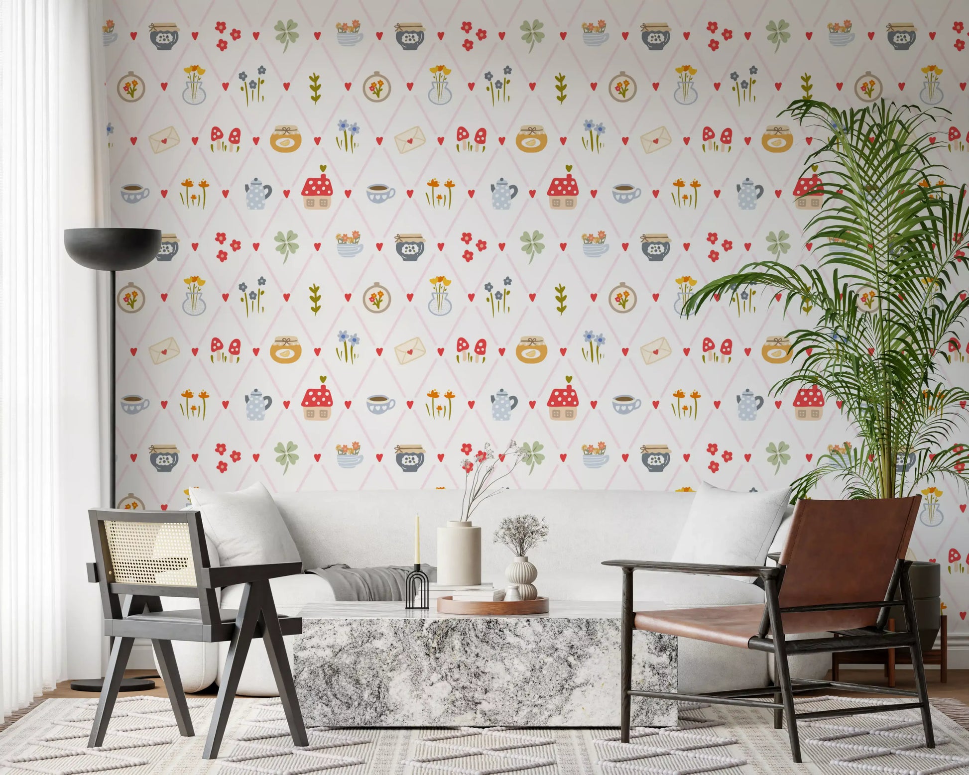 Office area wallpaper showing cottage icons, teacups, flowers, and soft pink lines