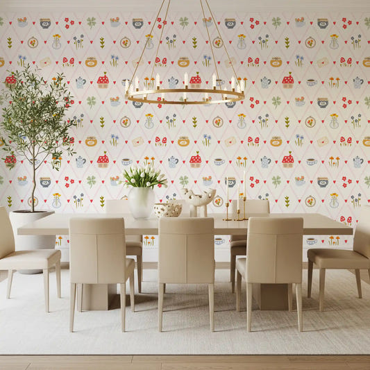 Dining room wallpaper with Cozy Cottage Charm hearts and floral lattice pattern