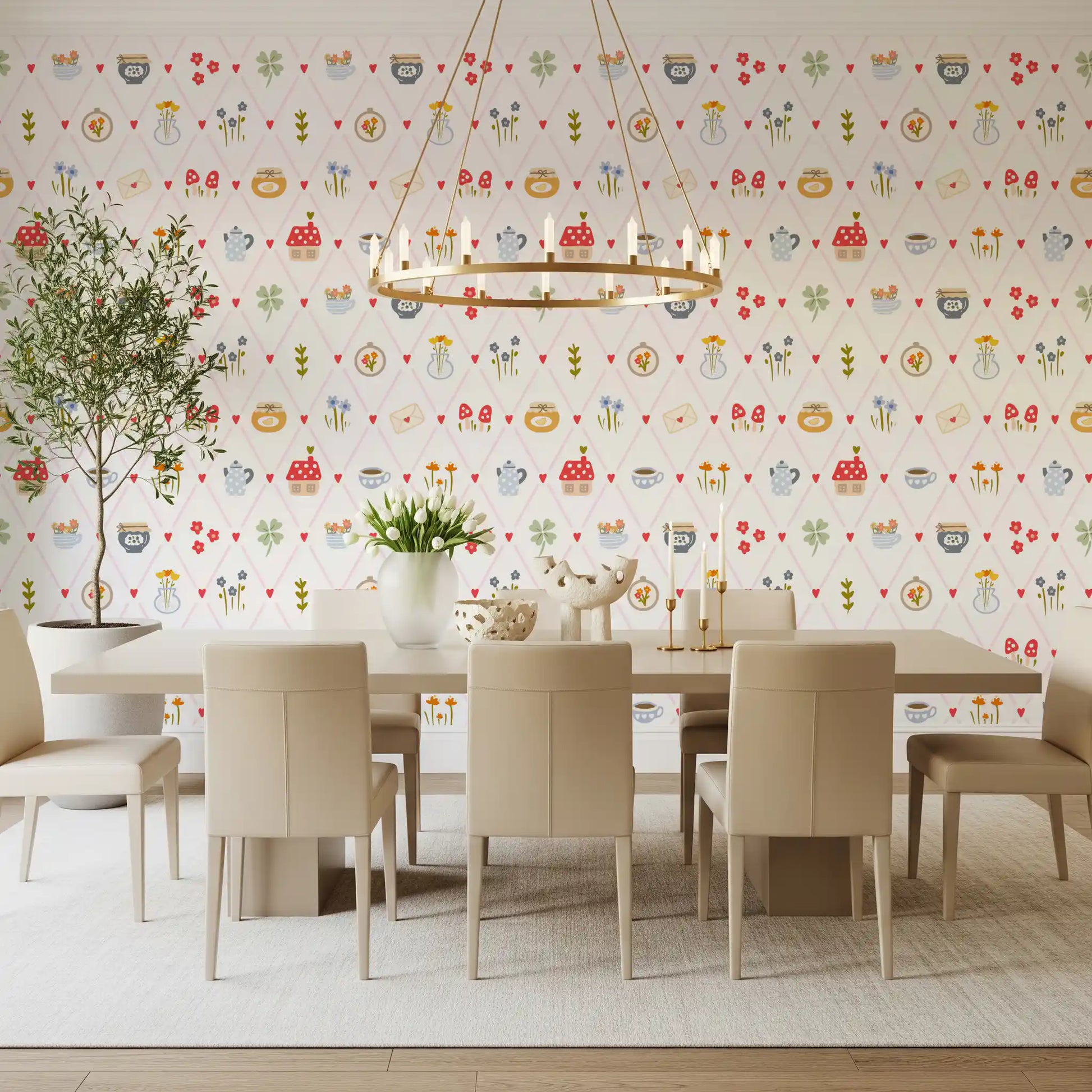 Dining room wallpaper with Cozy Cottage Charm hearts and floral lattice pattern