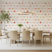 Dining room wallpaper with Cozy Cottage Charm hearts and floral lattice pattern