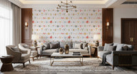 Sweet floral wallpaper showing teacups, tiny blossoms, and red heart accents