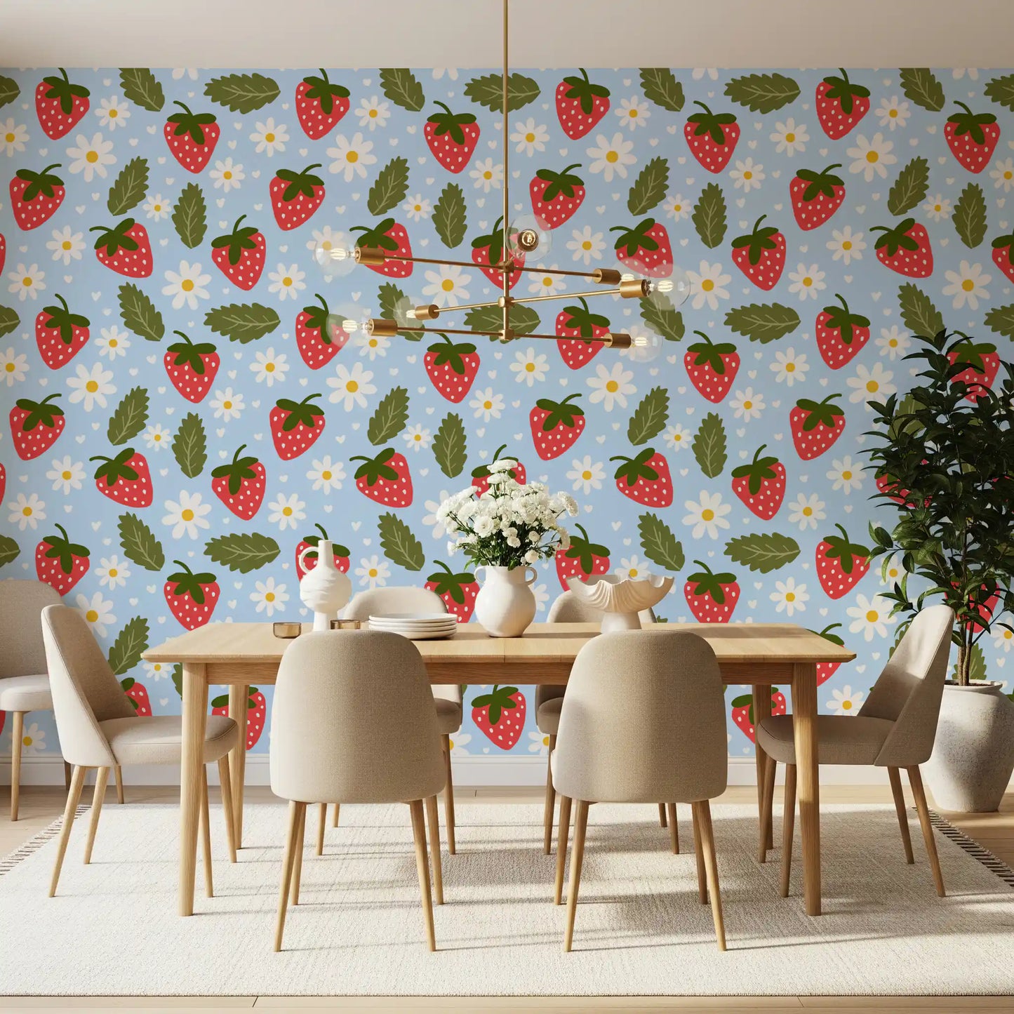 Red berries and white daisies of Sweet Berry Bloom wallpaper inside a Dining room 