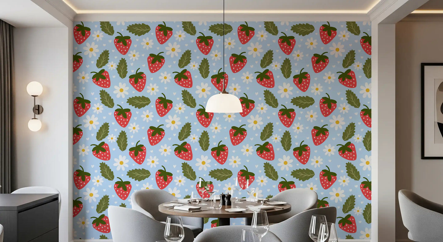Café Dining lined with the red strawberry pattern of Berry Bloom wallpaper