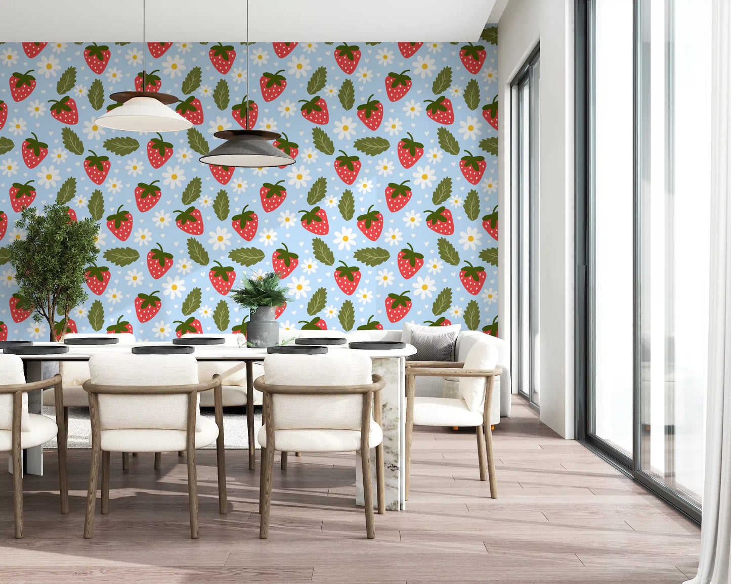 Baby blue background with scattered berries on the Berry Bloom wallpaper