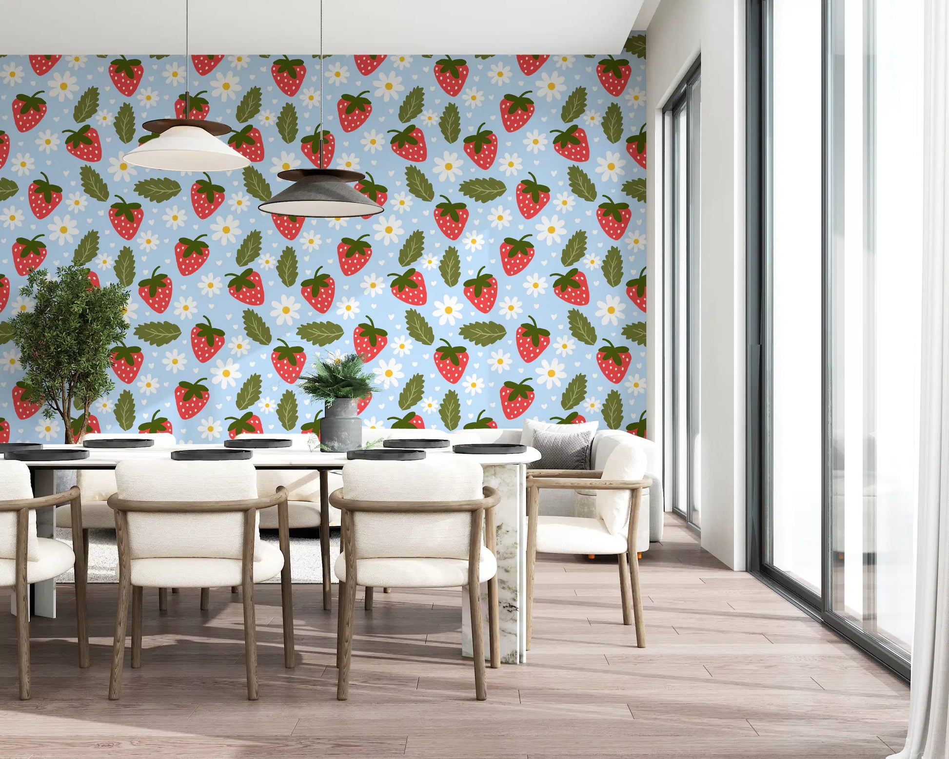 Baby blue background with scattered berries on the Berry Bloom wallpaper