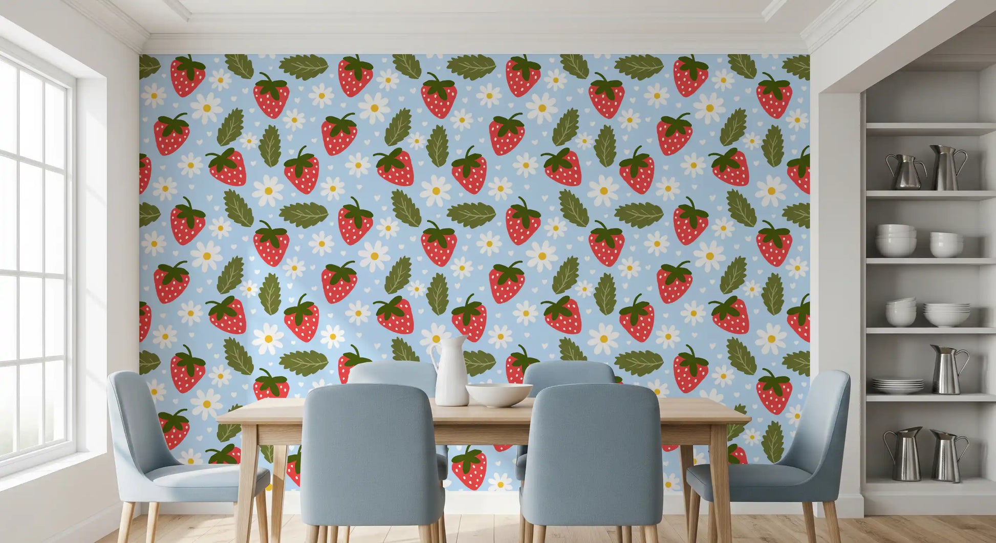 Dining room featuring Sweet Berry Bloom daisy and berry wallpaper