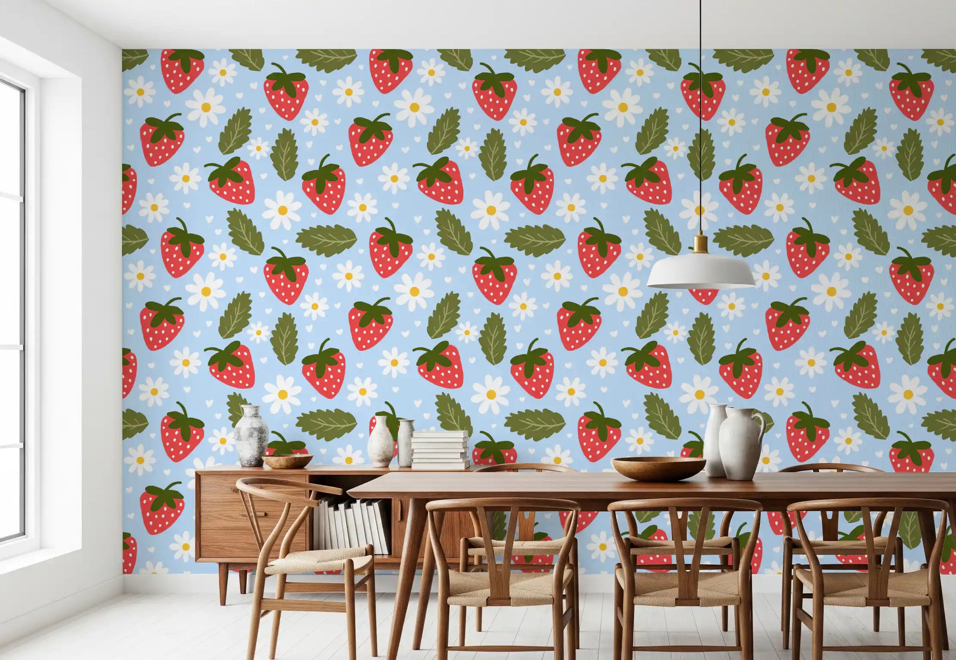 Berry Bloom wallpaper of hearts and green leaves across a kitchen dining area