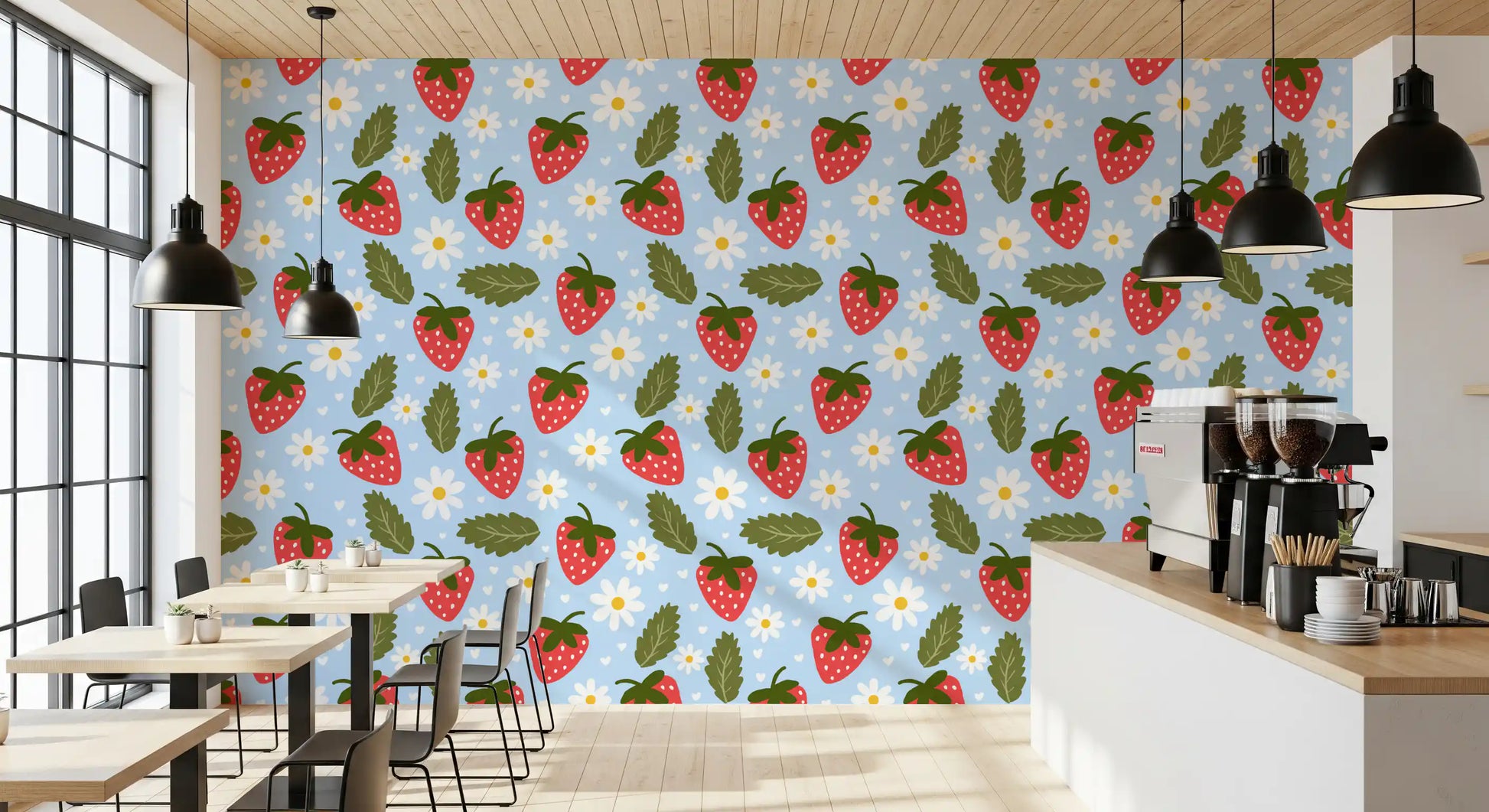 Green serrated leaves placed between strawberries on Sweet Berry Bloom wallpaper
