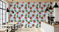 Green serrated leaves placed between strawberries on Sweet Berry Bloom wallpaper