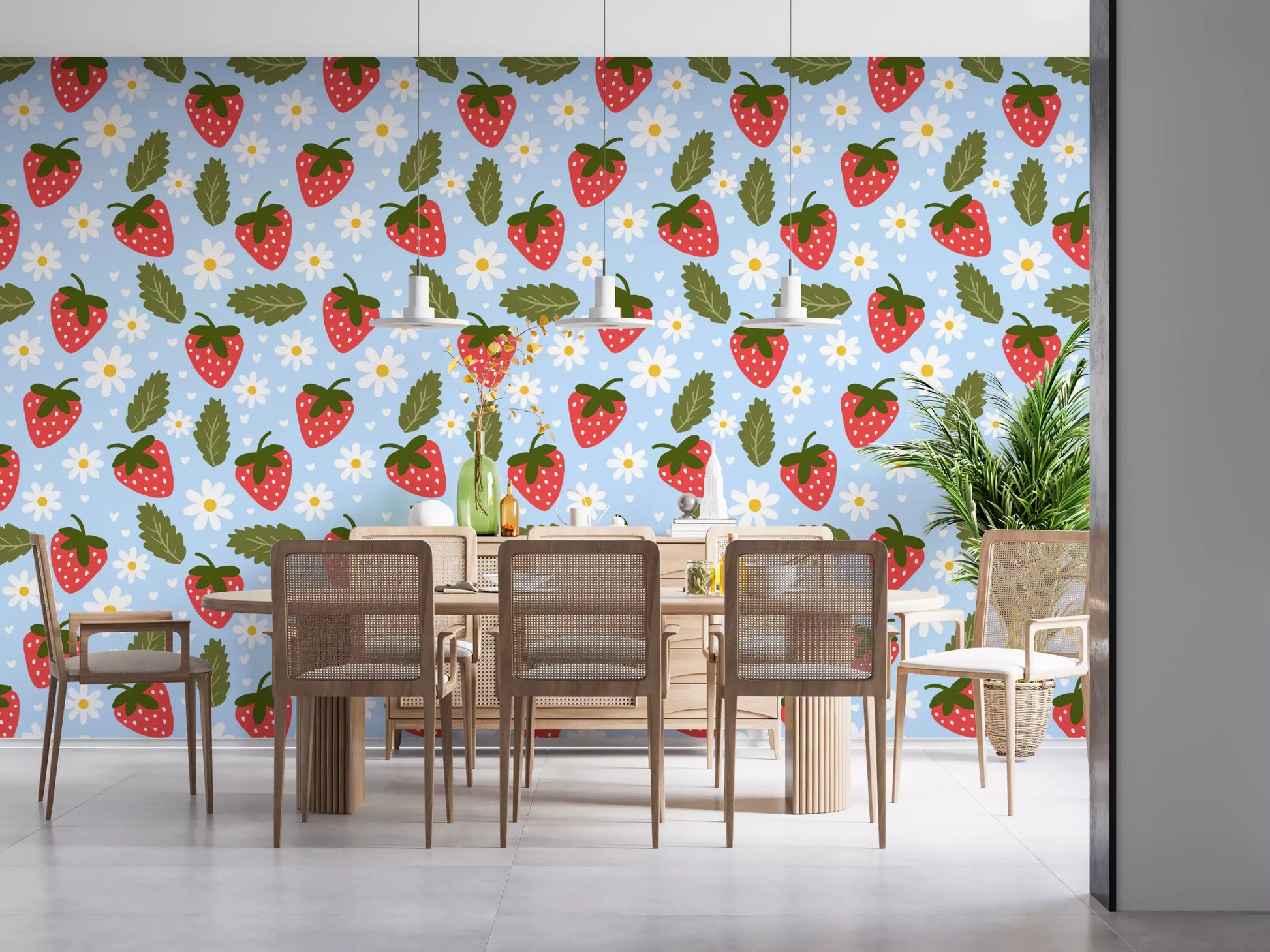 Golden centre daisies next to tiny hearts on Berry Bloom wallpaper