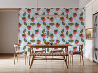 Repeating red strawberries and white daisies on Sweet Berry Bloom wallpaper
