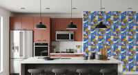 Gold-rimmed orbs and pink spheres on the Retro Geo Blocks geometric wallpaper