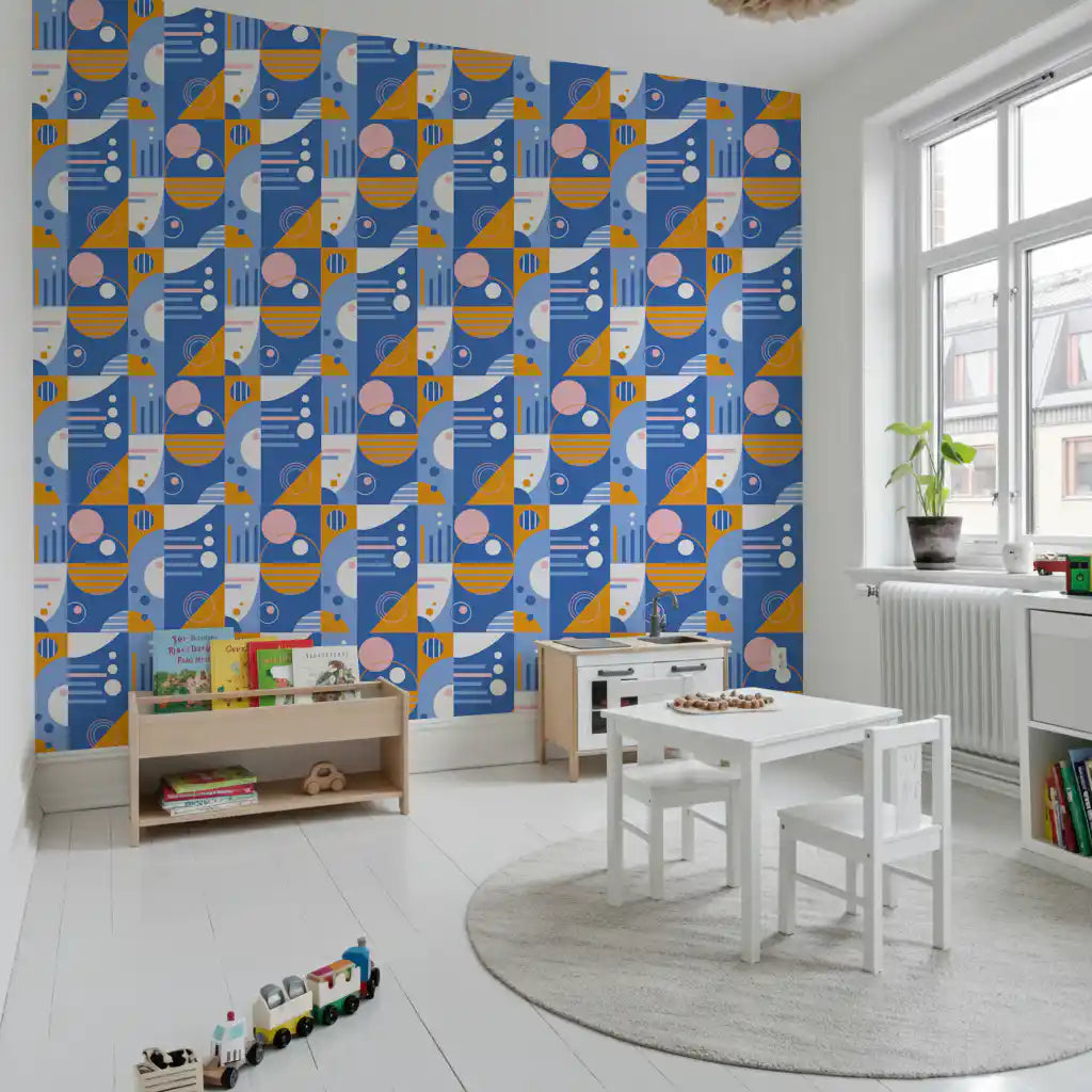 Retro Geo Blocks wallpaper showing circles, bars, and triangles in blue and orange