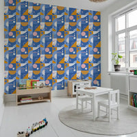 Retro Geo Blocks wallpaper showing circles, bars, and triangles in blue and orange