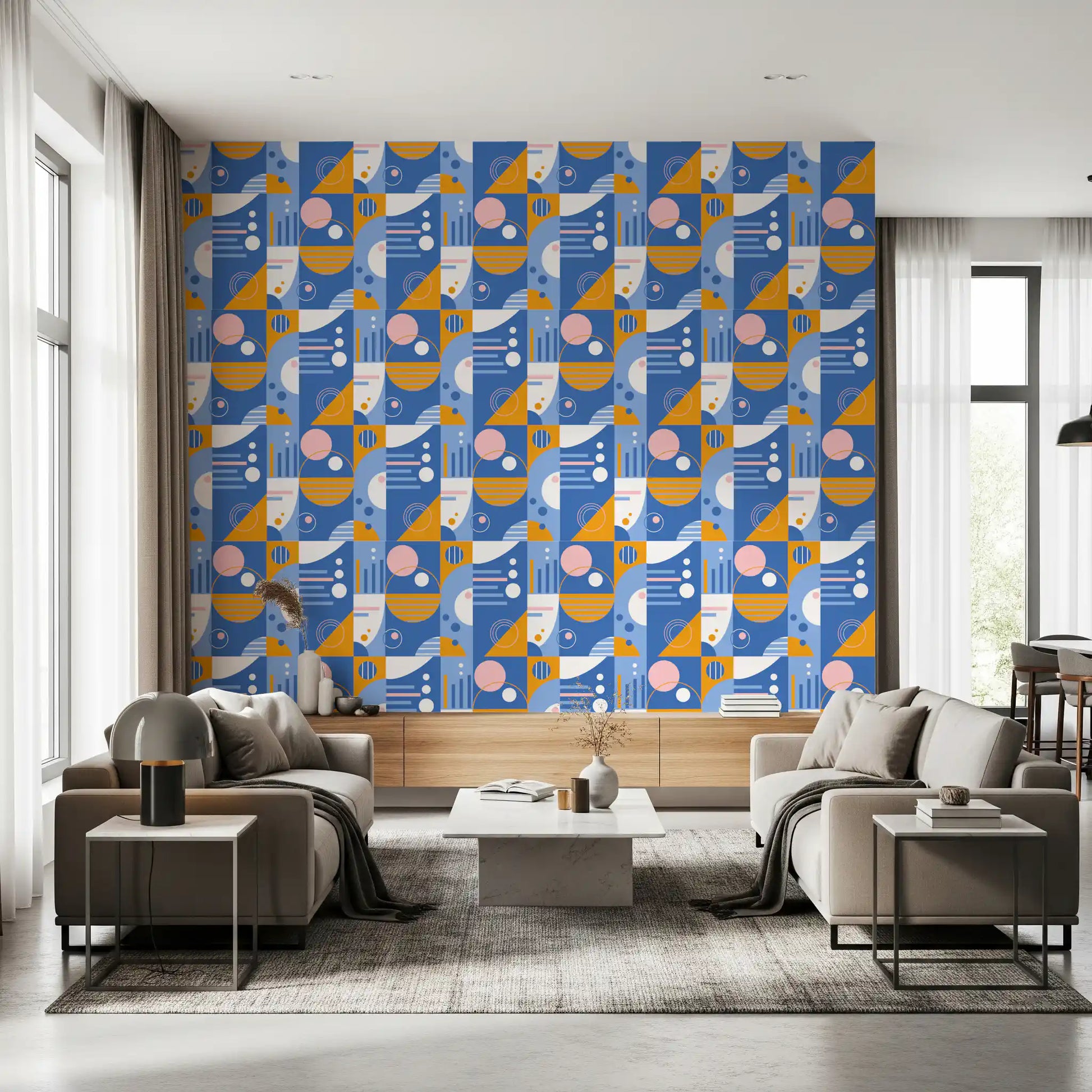 Cobalt and mustard Retro Geo Blocks wallpaper covering a lounge.