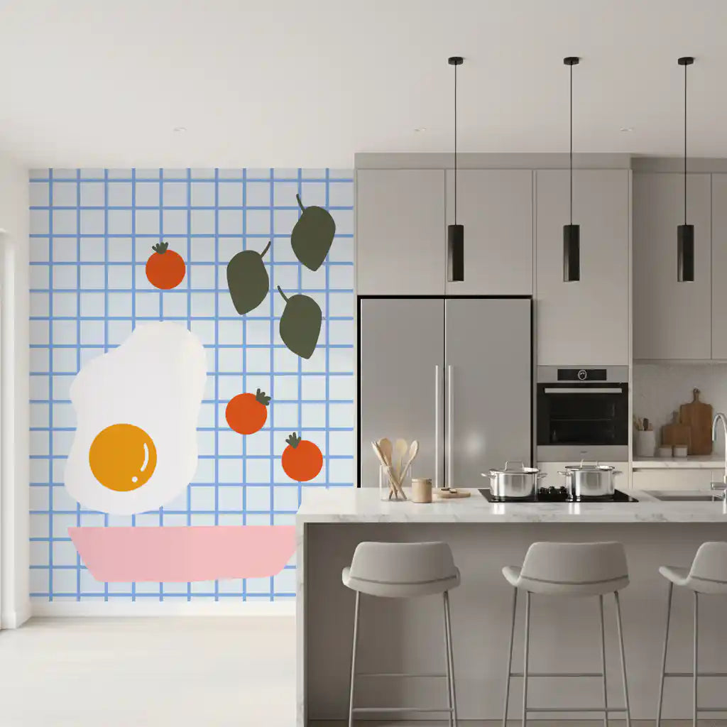 Brunch egg and tomato wall mural behind a modern kitchen counter