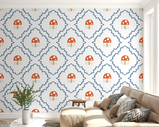 Whimsical Mushroom Vines wallpaper  Living room with toadstool lattice pattern