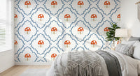 Blue branch lattice diamond shapes on the Mushroom Vines toadstool wallpaper