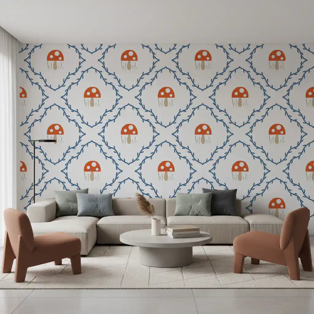 Whimsical Mushroom Vines wallpaper showing polka-dot caps and green grass tufts