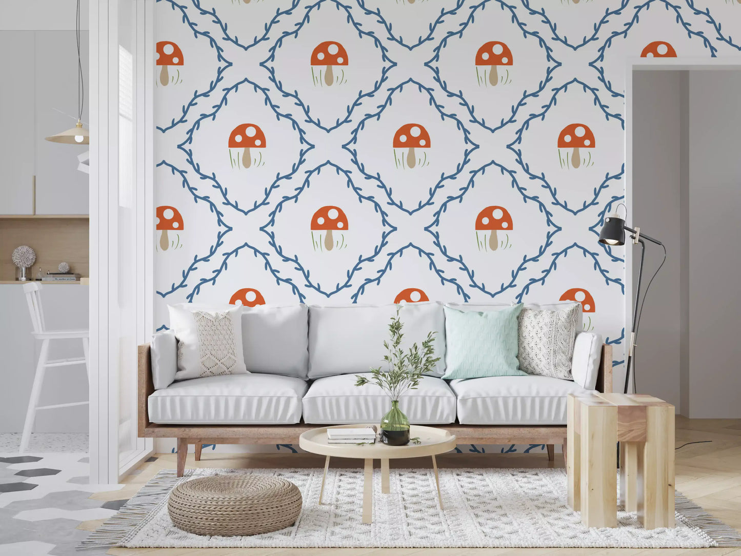 Blue vine wallpaper from the Whimsical Mushroom Vines collection in a bright lounge
