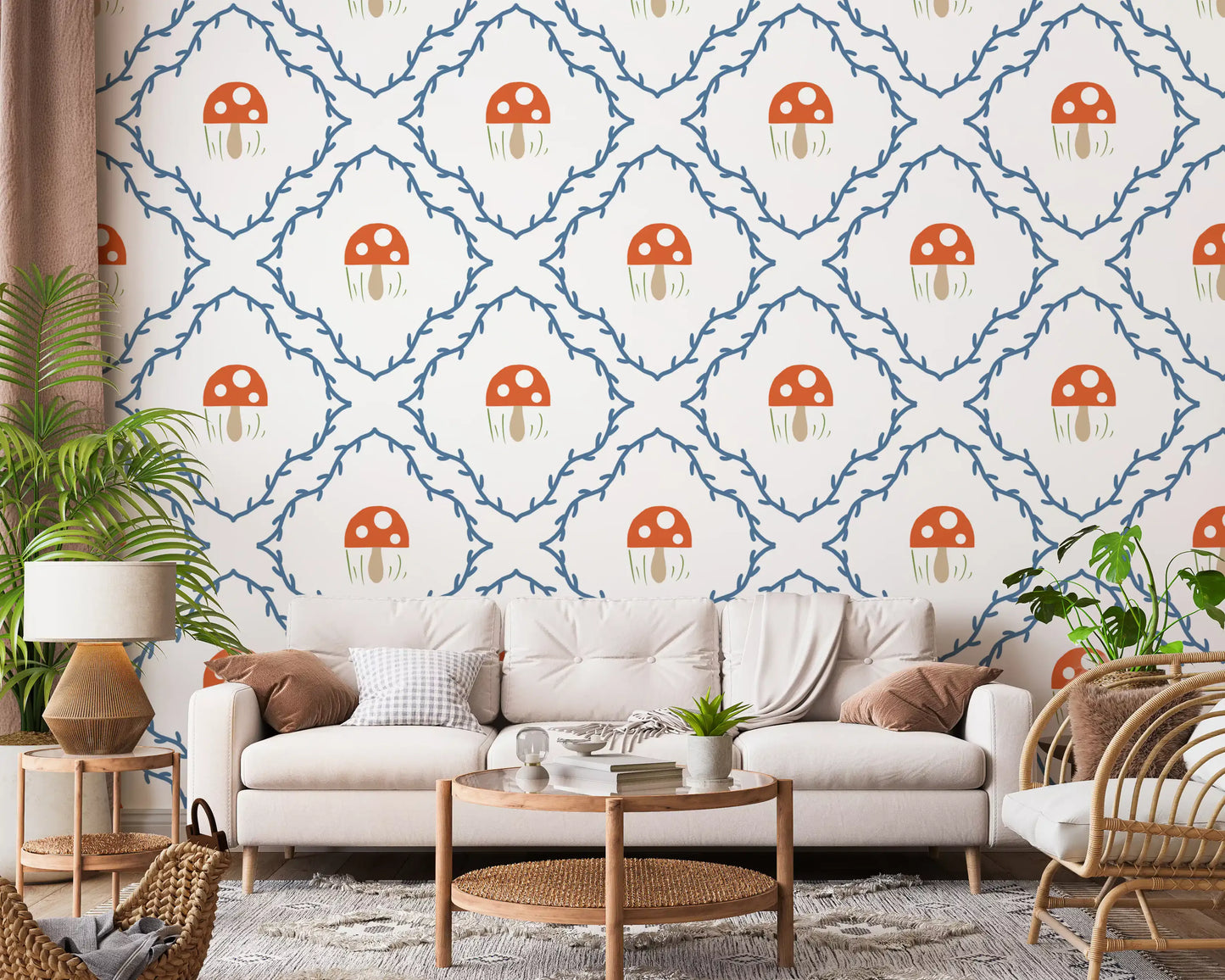 Toadstool and vine repeat wallpaper by Whimsical Mushroom Vines in a Living room 