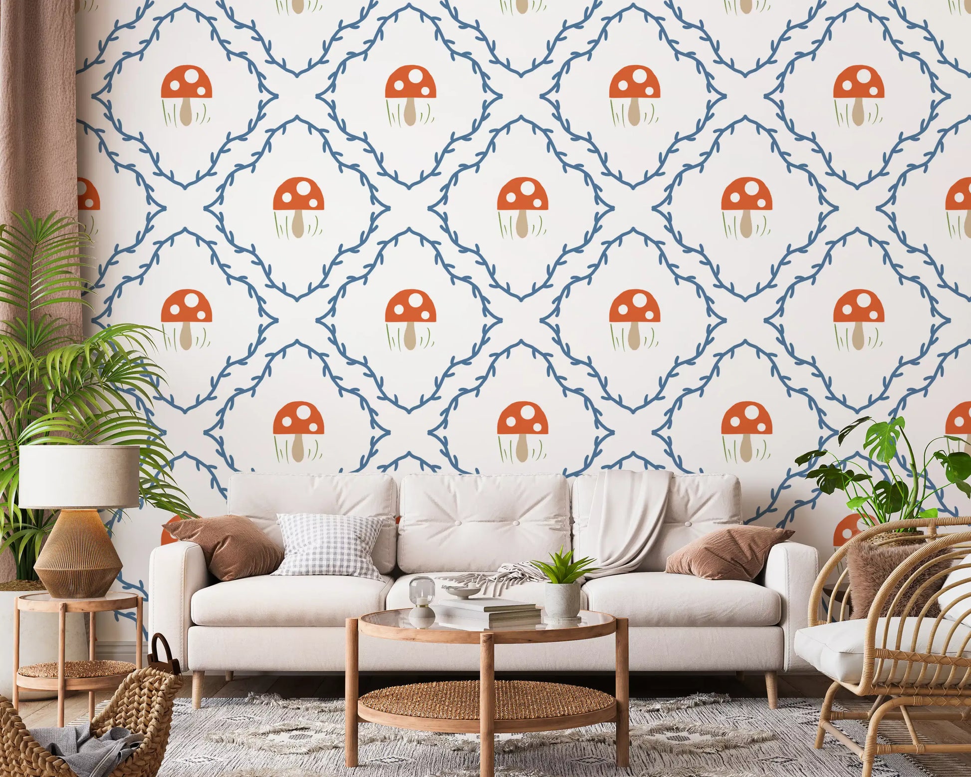 Toadstool and vine repeat wallpaper by Whimsical Mushroom Vines in a Living room 