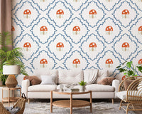 Toadstool and vine repeat wallpaper by Whimsical Mushroom Vines in a Living room 