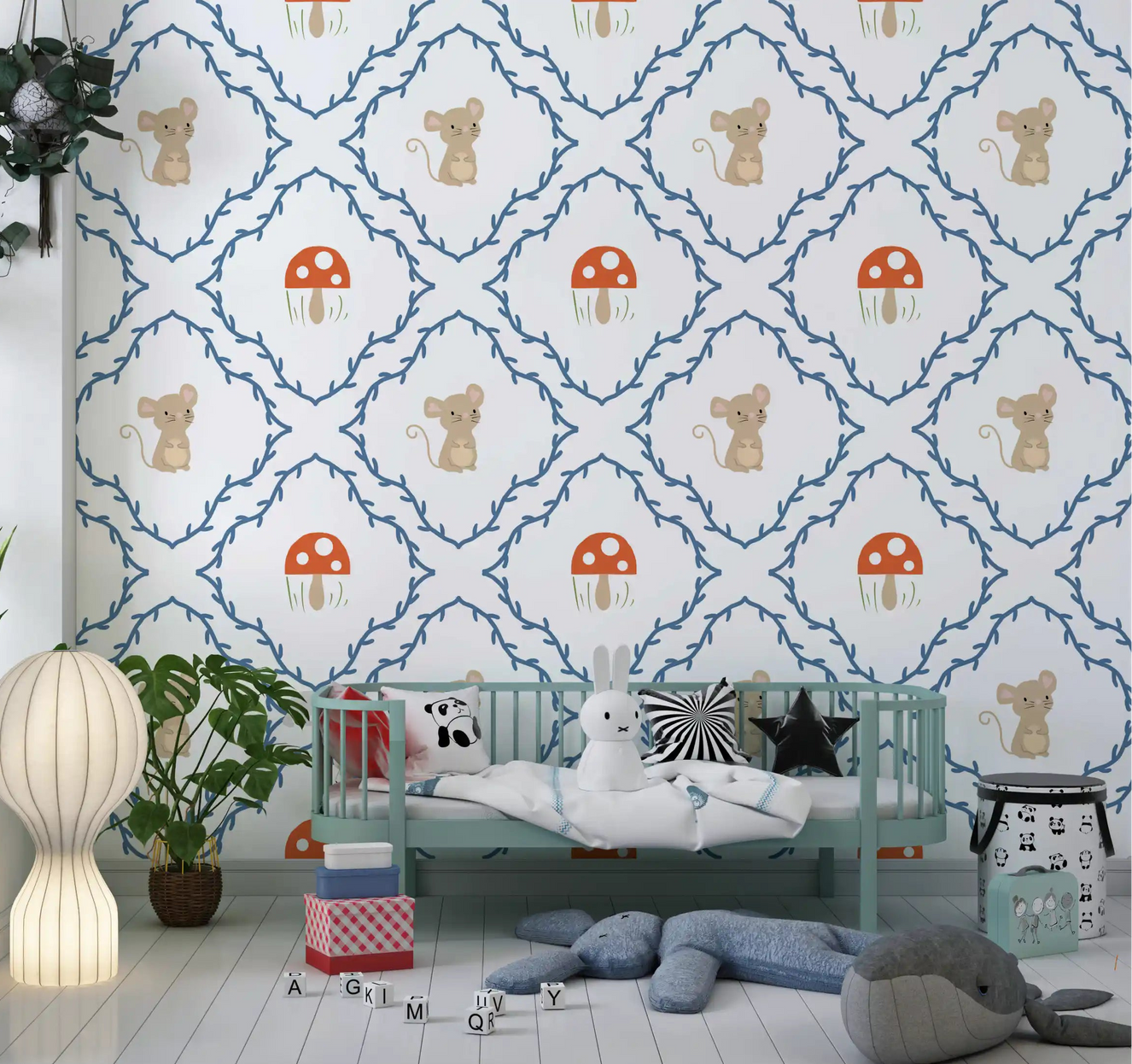 Whimsical Woodland Mouse wallpaper behind a toddler bed in a nursery