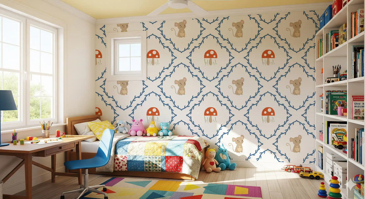 Kids bedroom with Whimsical Woodland Mouse wallpaper on the feature area
