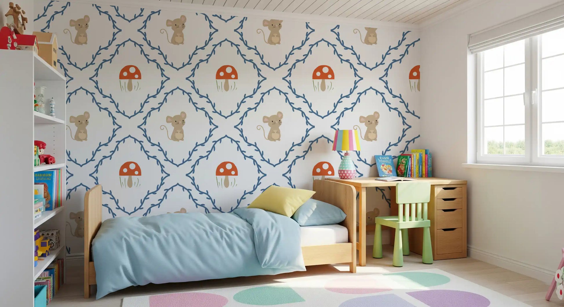 Orange spotted mushrooms between vine lattice on Woodland Mouse wallpaper