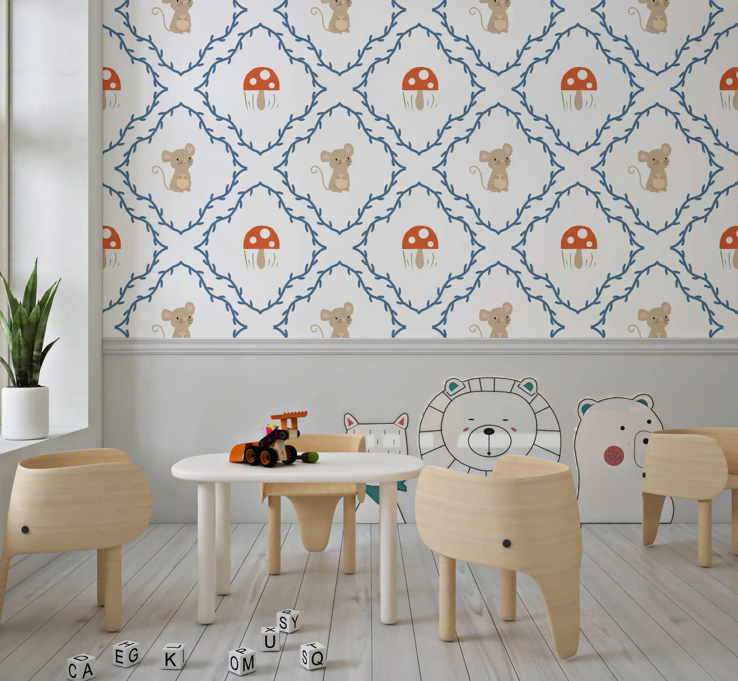 Playroom styled with the Whimsical Woodland Mouse pattern wallpaper