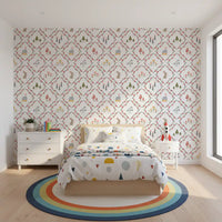 Toddler room lined with the coral floral trellis Woodland Diamond wallpaper