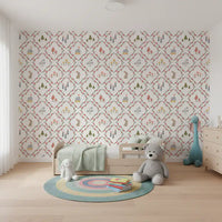 Woodland Diamond wallpaper with bunny motifs in a bright kids' playroom