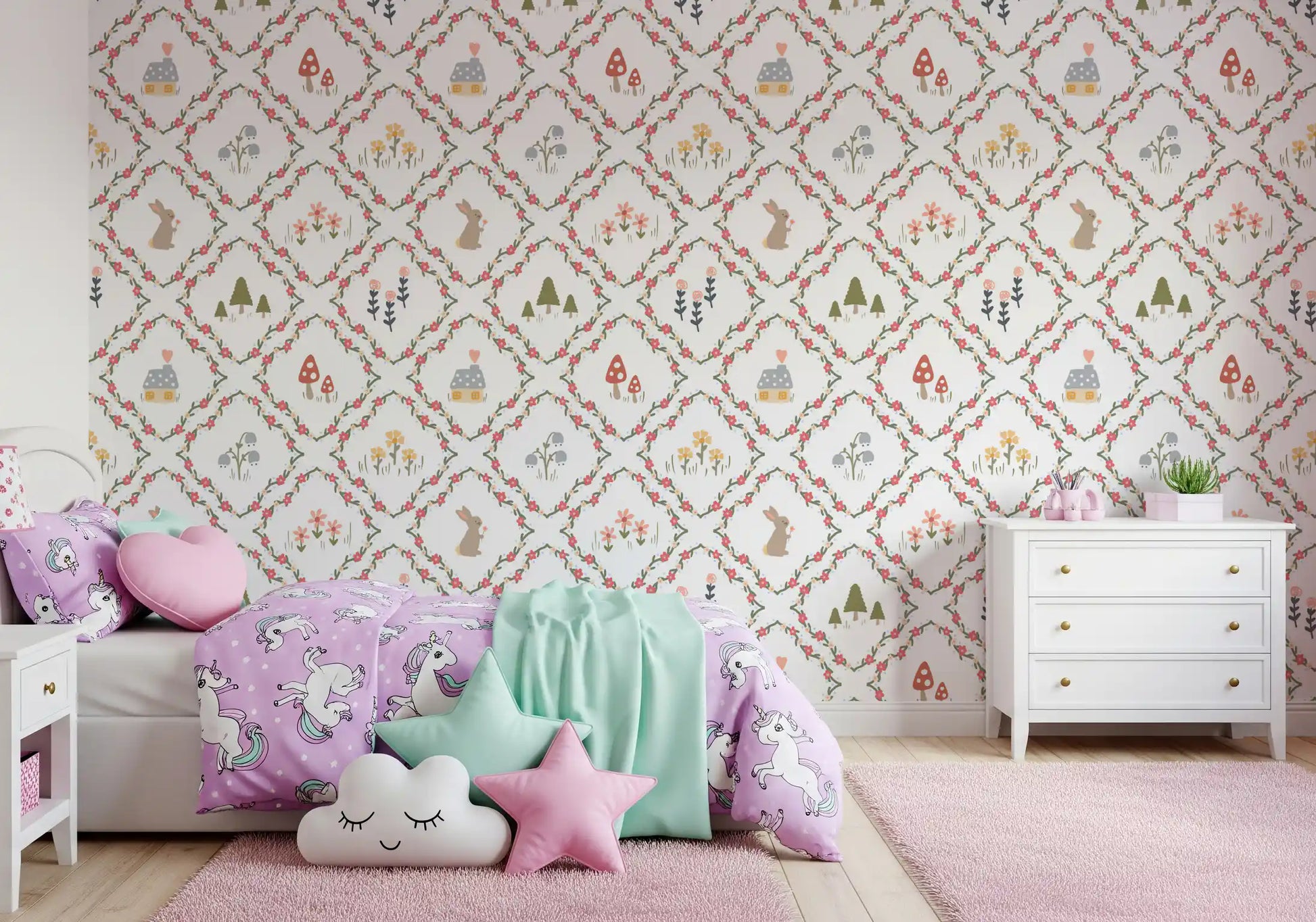 Cottage and heart motif framed by pink blossoms on Woodland Diamond wallpaper