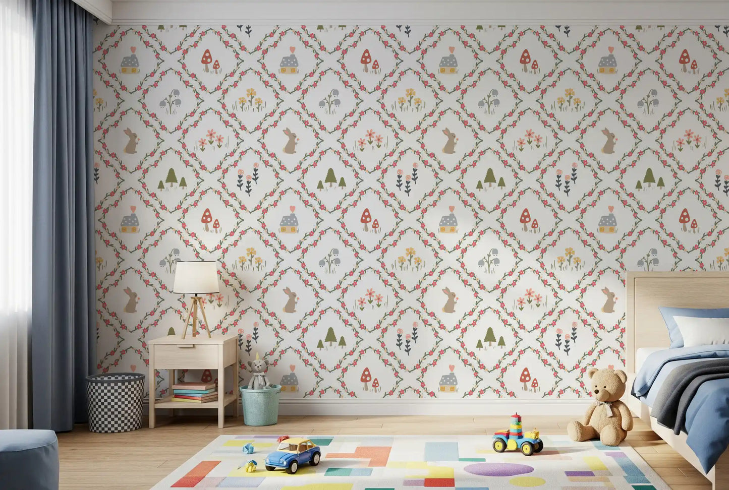 Repeating coral flower diamond lattice on Whimsical Woodland Diamond wallpaper