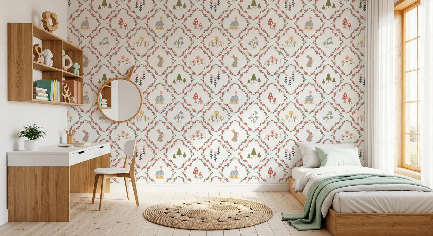 Red-capped toadstools and pine trees within the Whimsical Woodland wallpaper grid