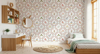 Red-capped toadstools and pine trees within the Whimsical Woodland wallpaper grid