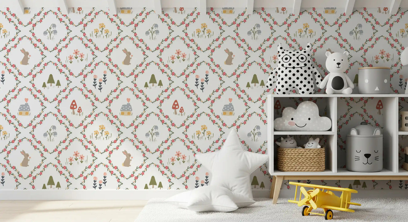 Nursery featuring the floral diamond lattice of Woodland Diamond wallpaper