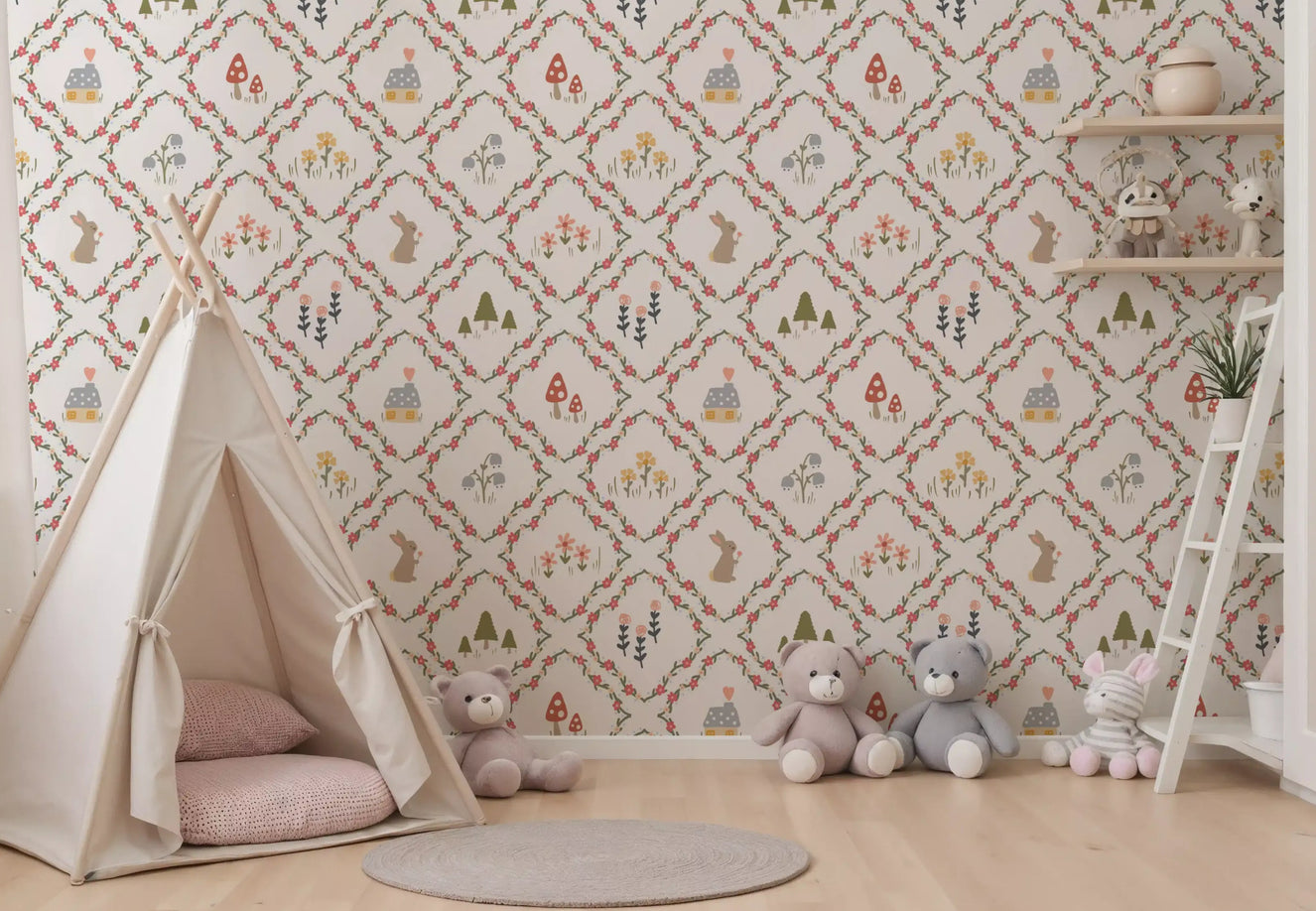 Whimsical Woodland Diamond wallpaper behind a teepee in a kids' room