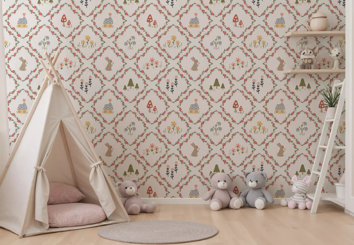 Whimsical Woodland Diamond wallpaper behind a teepee in a kids' room