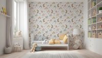 Playroom with Sweet Meadow Bunnies floral wallpaper on the accent surface