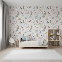 Kids' room styled with the rabbit and wildflower Sweet Meadow Bunnies wallpaper