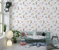 Sweet Meadow Bunnies wallpaper showing tan rabbits holding pink blooms