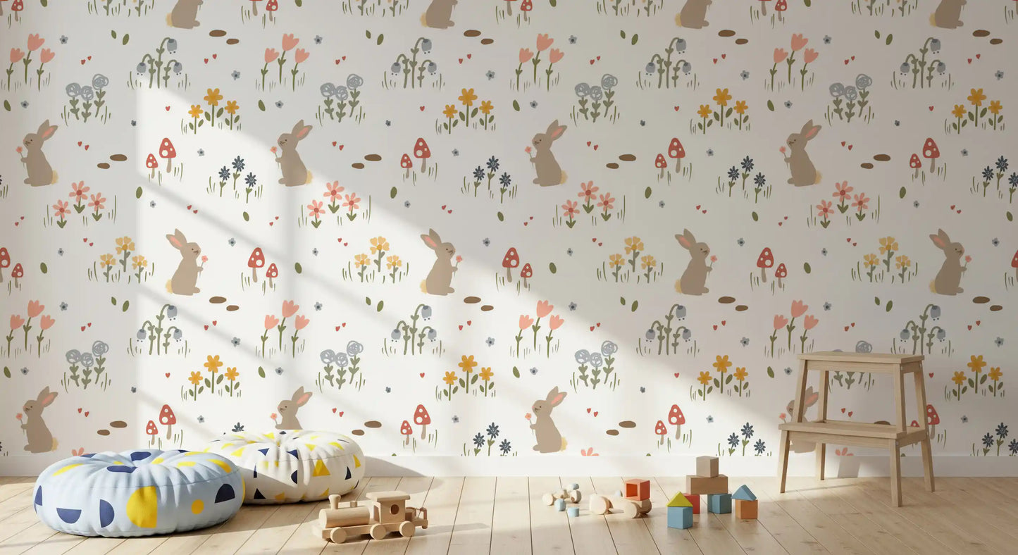 Scattered hearts and green leaves fill the Sweet Meadow Bunnies wallpaper