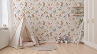 Yellow wildflowers and red-capped mushrooms on the Sweet Meadow Bunnies wallpaper