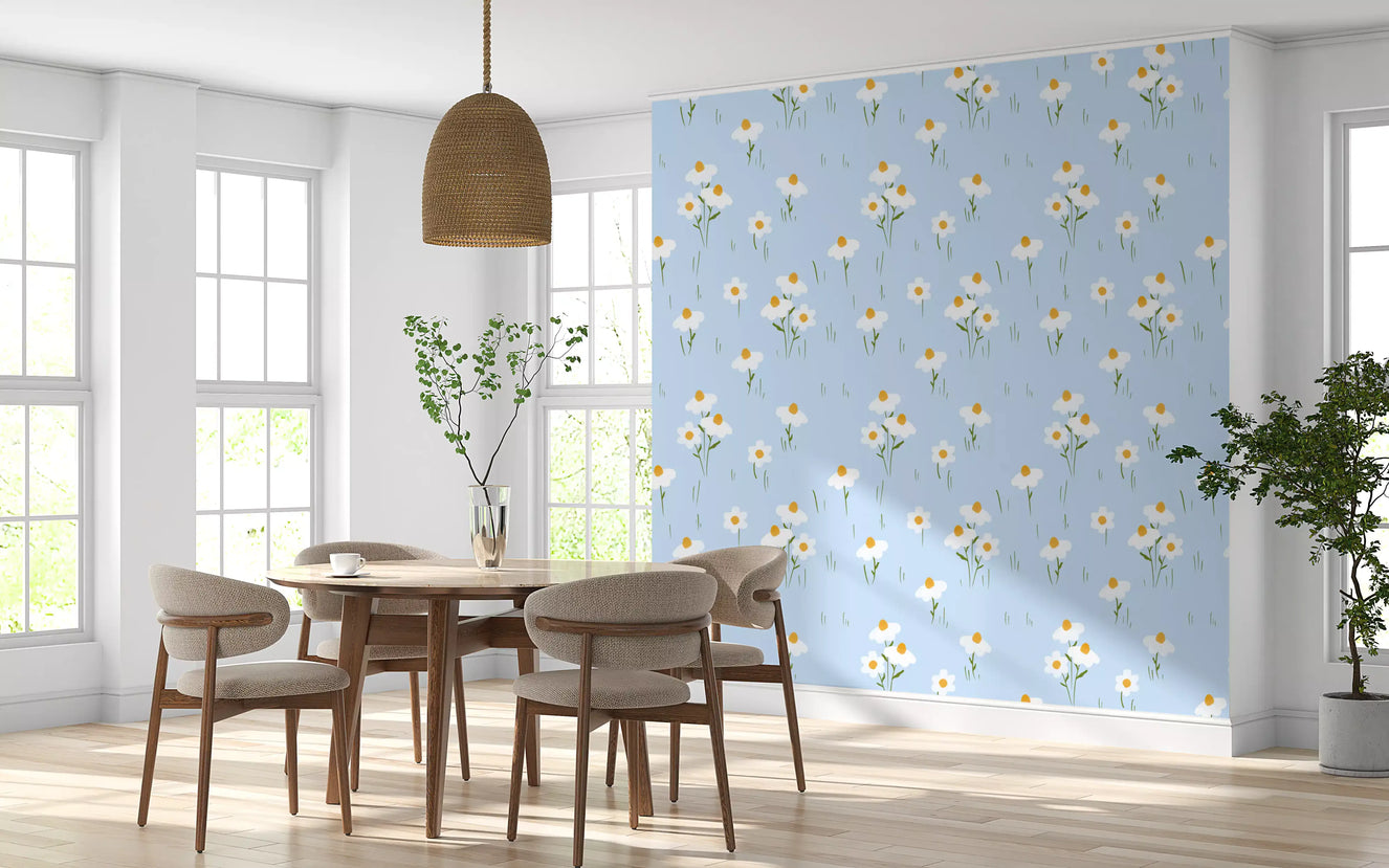 Sunlit dining room lined by the Daisy Dreams on Blue wallpaper
