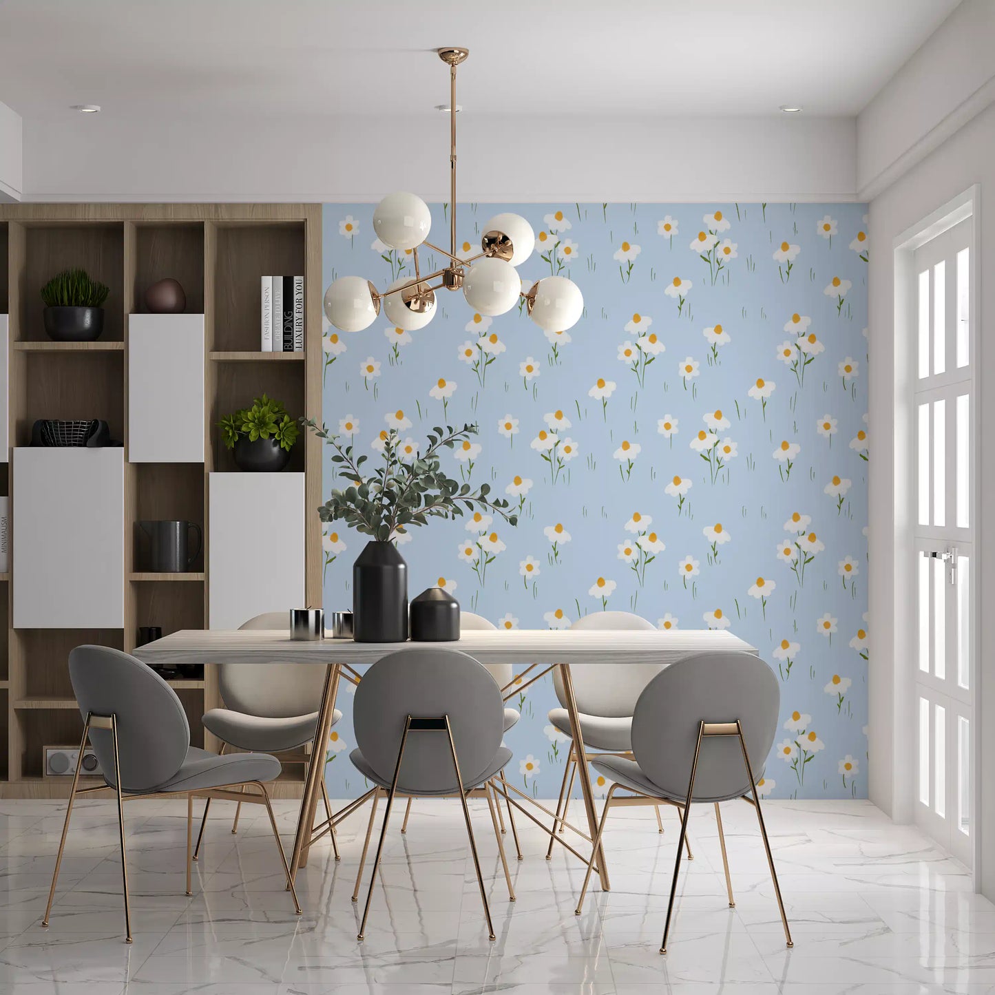 Golden centred blooms and olive stems across Daisy Dreams wallpaper